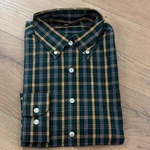 NWT- Men's Green Plaid Button-Down Shirt with Gold Accents